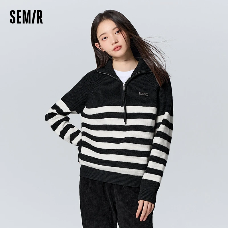 Semir Sweater Women Striped Raglan Sleeves Loose Temperament Commuting Winter Casual Style Bottoming Shirt