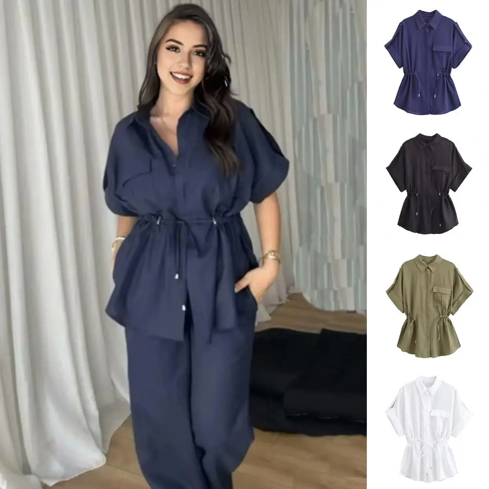 Adjustable Drawstring Blouse Stylish Women's Lapel Shirt with Drawstring Waist Flap Pockets Loose Fit Casual Top for Daily Wear