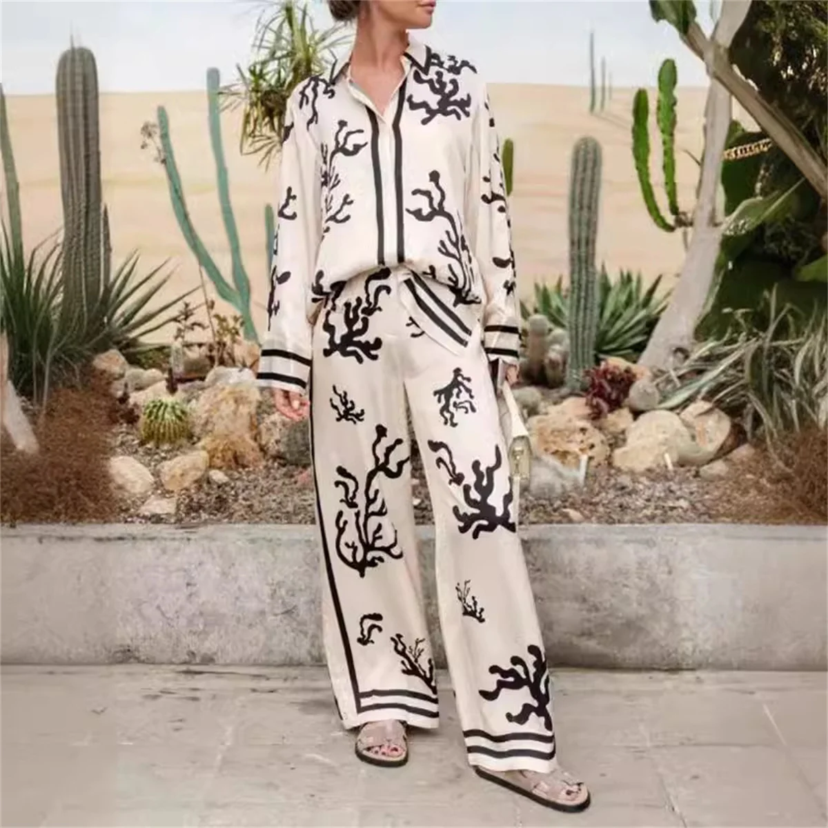 Female Print Suit Women Casual Loose Lapel Long Sleeve Button Blouse Wide Leg Trousers 2024 Spring Summer Soft Commute Outwear