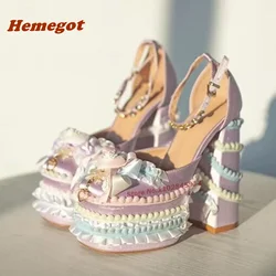 Spicy Girls Platform Chunky Heels Sandals Round Toe Lace Satin Pleated Edge Color-Matching Buckle Women's Sandals Lolita Sexy