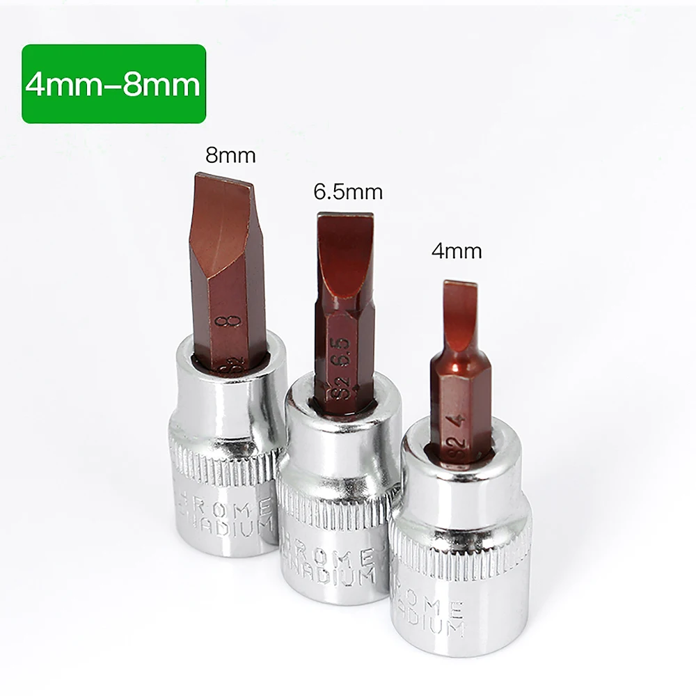 1Set Screwdriver Bits 4/6.5/7mm 3/8inch S2 Screw Square Drive Socket Wrench Slotted Head Hand Car Auto Hand Repair Tools Adapter