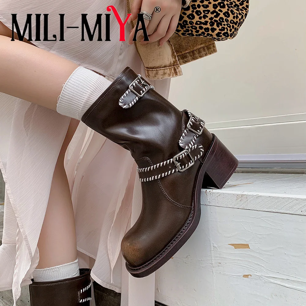 MILI-MIYA marron noir bout rond chevalier genou bottes hautes femmes bloc talons automne en cuir véritable robe extérieure chaussures décontractées