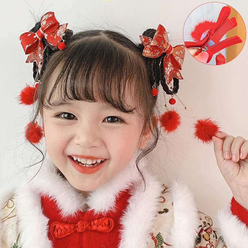 

New Year Headwear for Kids Chinese Style Wigs Braided Hair Clips Hanfu Red Tassel Hairpins Girl Hair Accessory New Year Gift