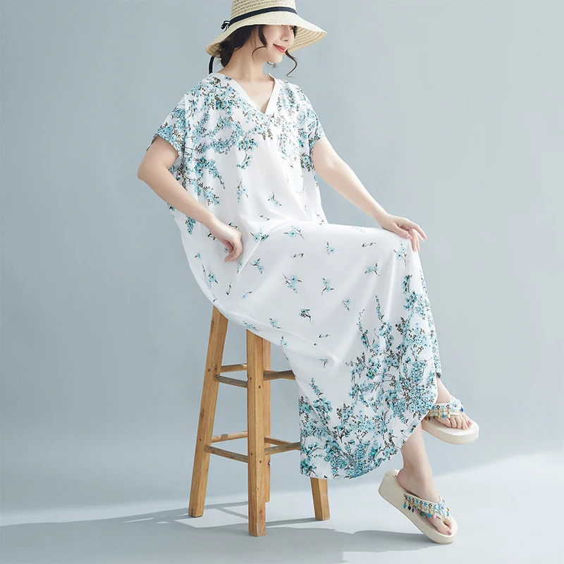 N Lange Gedrukt Dr V-Ne Knielange Katoen Zijden Gewaad Zomer Nieuwe Sle Fre Bloemen Damesjurk H-ape A-lijn Dr
