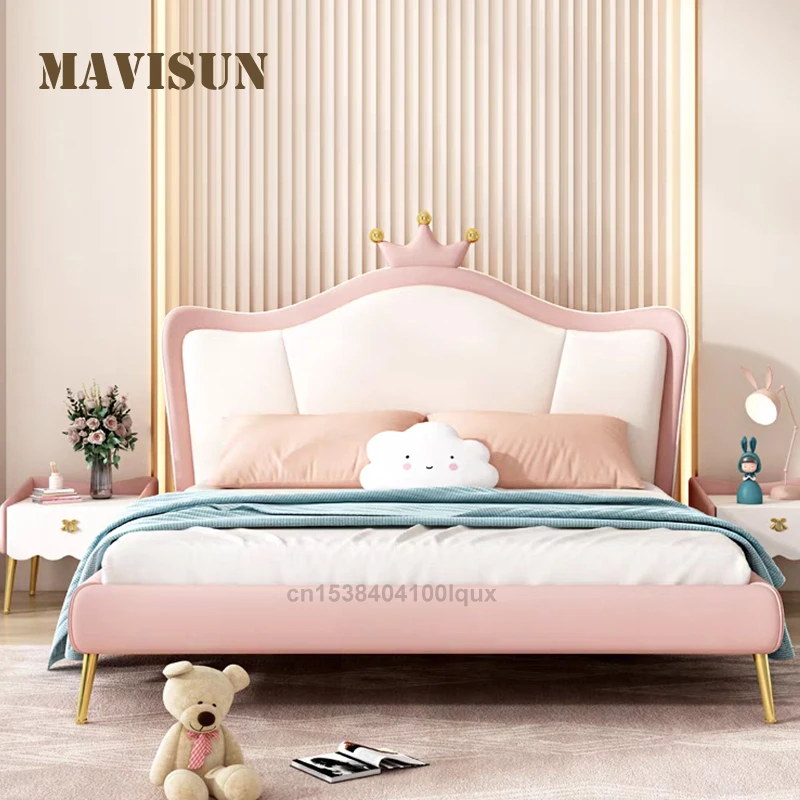 

Light Luxury Cute Princess Soft Upholstered Headboard Kids Bed With Crown Design Solid Wood Bed Frame Comfortable Children’s Bed