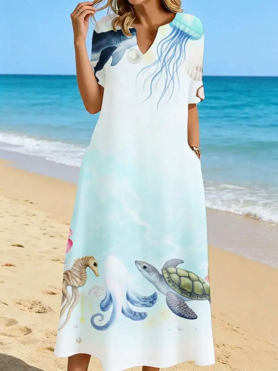 

V Neck Midi Dress Light Blue Sea Life Print Dolphin Jellyfish Turtle Seahorse Beach Vacation Wear