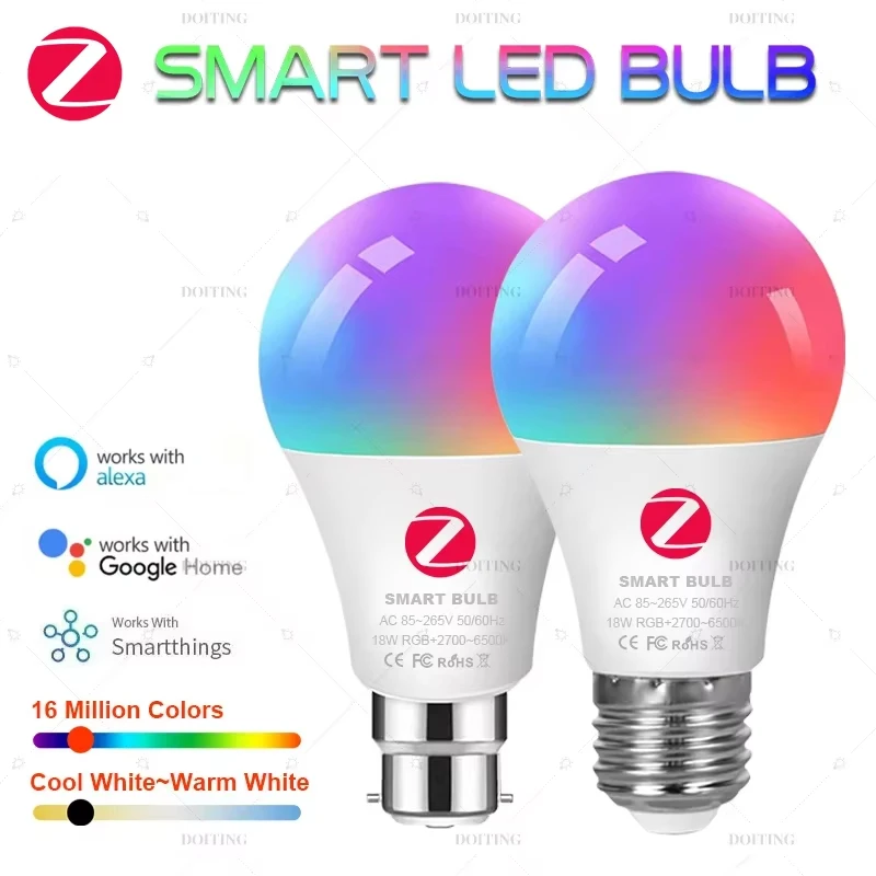 Żarówka LED Zigbee 3.0 E27 B22 RGBCW, kompatybilna z Alexa Echo Plus, Google Home Assistant, sterowanie głosowe przez aplikację, 110V 220V, 2MQTT