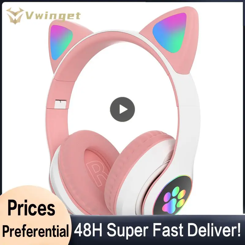 With Mic Tws Earphone Noise Cancelling Headset Support Tf Card Rainbow Color Cat Ear Headphones Sport Earbuds