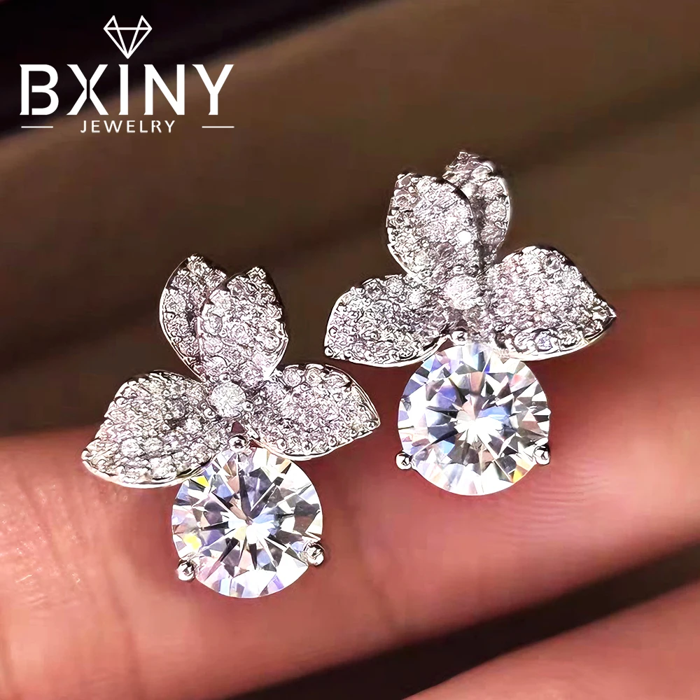 

BXINY 2CT Moissanite Stud Earrings 925 Sterling Silver Flower Diamonds Ear Studs for Women Engagement Wedding Gifts Fine Jewelry