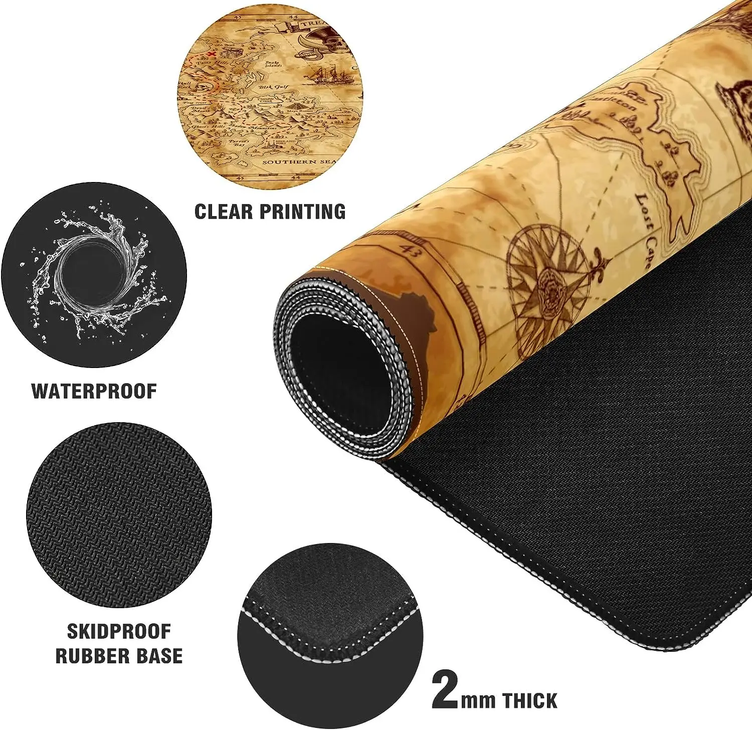 Nautical World Map Pirate Mouse Pad Non-Slip Rubber Mouse Pad with Stitched Edges Waterproof Mouse Mat for Office 35.4" x 15.7"