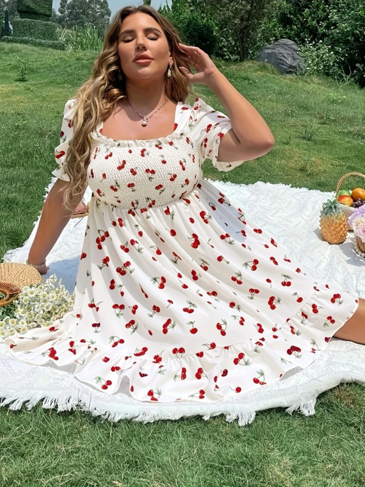 Floral Print Summer Elastic Waist Dress Slimming Flowy Casual Boho Women Dresses European American Style Loose Fit Maxi Dress