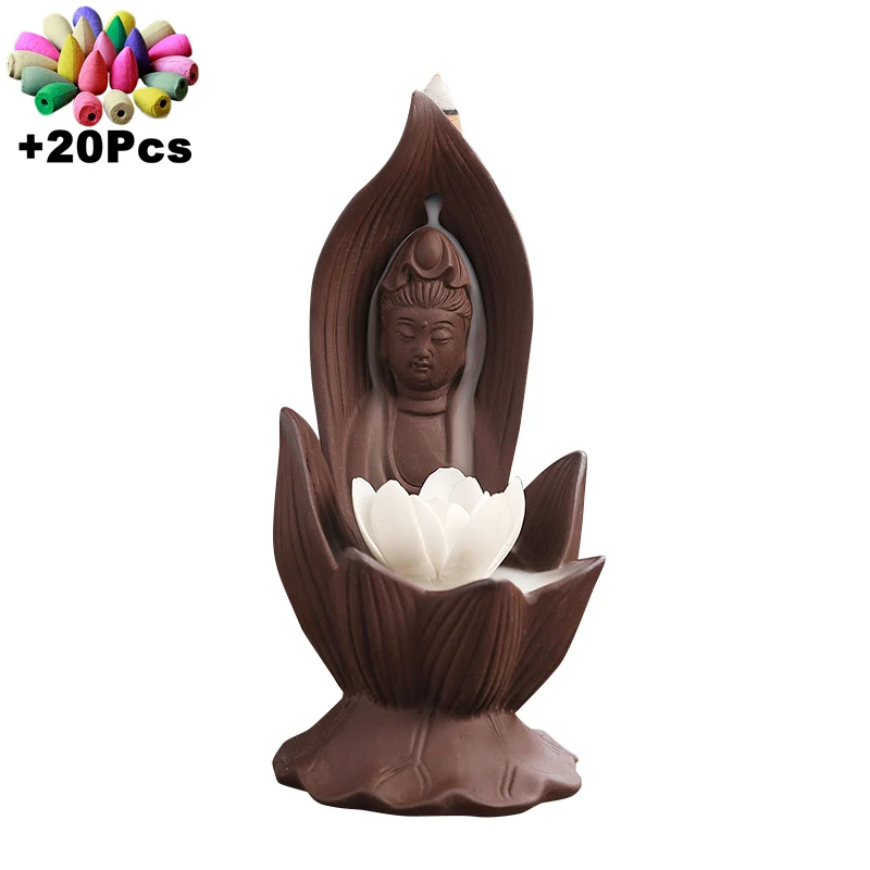 Handmade Purple Clay Guanyin Buddha Statue Lucky Feng Shui Decorations Zen Meditation Ornaments Backflow Incense +20Cones