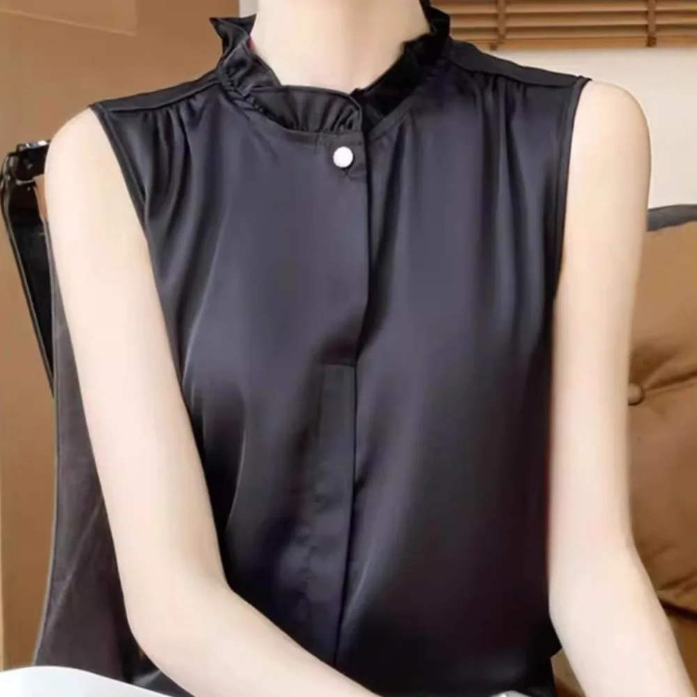 

Модные тонкие элегантные майки-бретельки, однотонная блузка без рукавов с оборками, свободная женская одежда, рубашки, укороченные топы для офиса