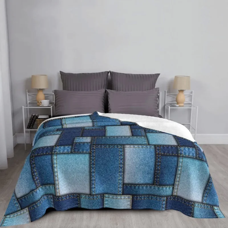 Denim Patchwork Blankets Flannel Summer Multi-function Warm Throw Blanket for Bed Office Bedspread