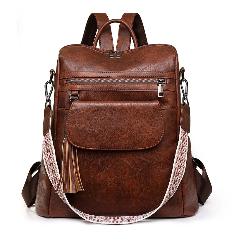 Winter Women Casual Backpack PU Leather School Backpack For Teenager Girls Travel Backpack Vintage Fashion Tassel Shoulder Bags