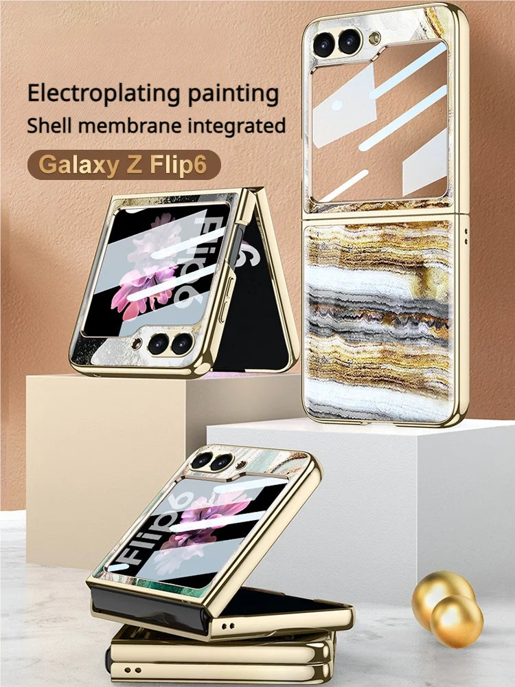 Marble Pattern Phone Case for Samsung Z Flip6, Stacked Screen, Electroplated Glass, Protective Cover, Fashion