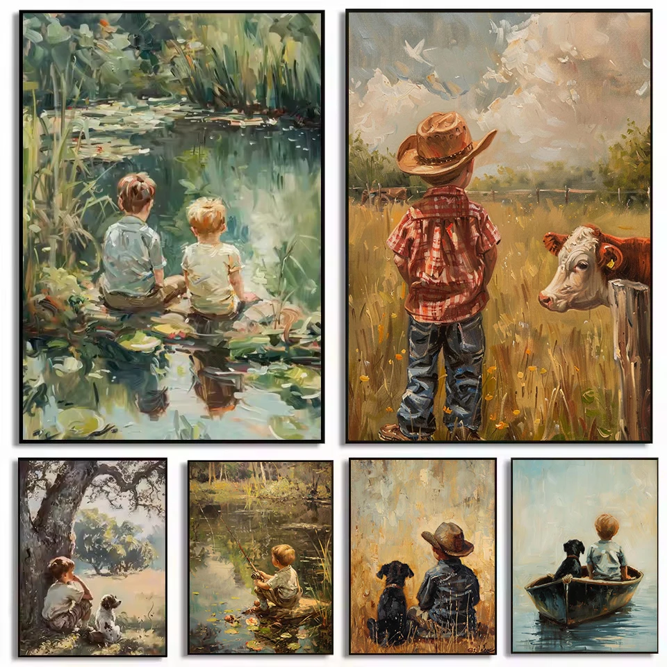 1pc frameless Canvas Painting Retro Fishing Boys Hunting Sketch Lake Nature Landscape Nursery Poster Canvas Painting Wall Art Pi