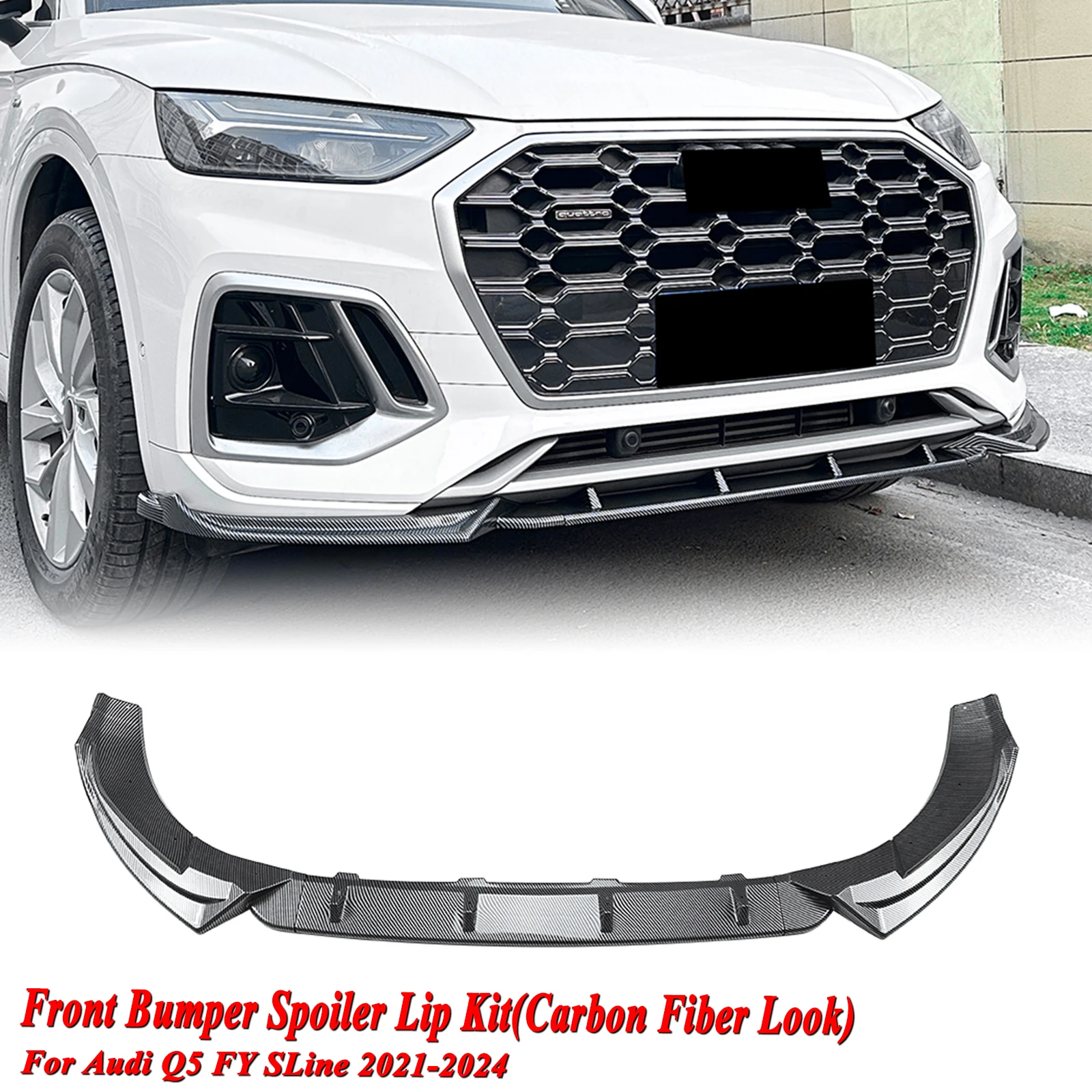 

Поп для Audi Q5 FY SQ5 Sportback S Line 2021-2024, спойлер на передний бампер, карбоновый вид/глянцевый черный, нижняя защита лезвий, разделенная