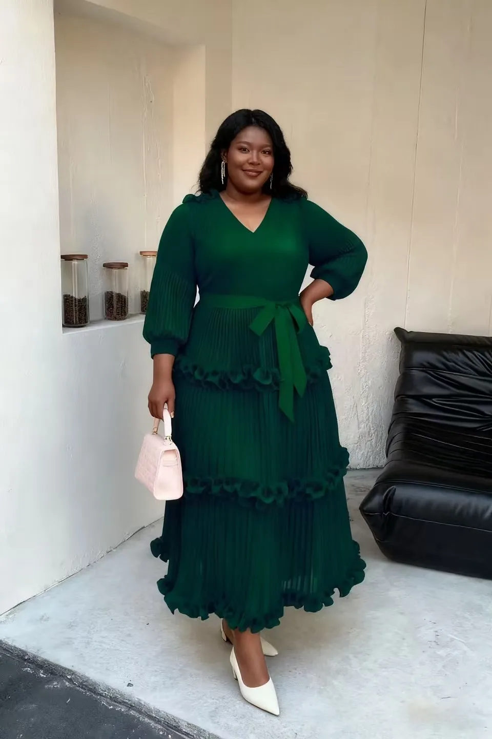 Miyake plissé ample col en v robe mode gâteau robe tempérament élégant mince robe pour femmes 2025 nouveau