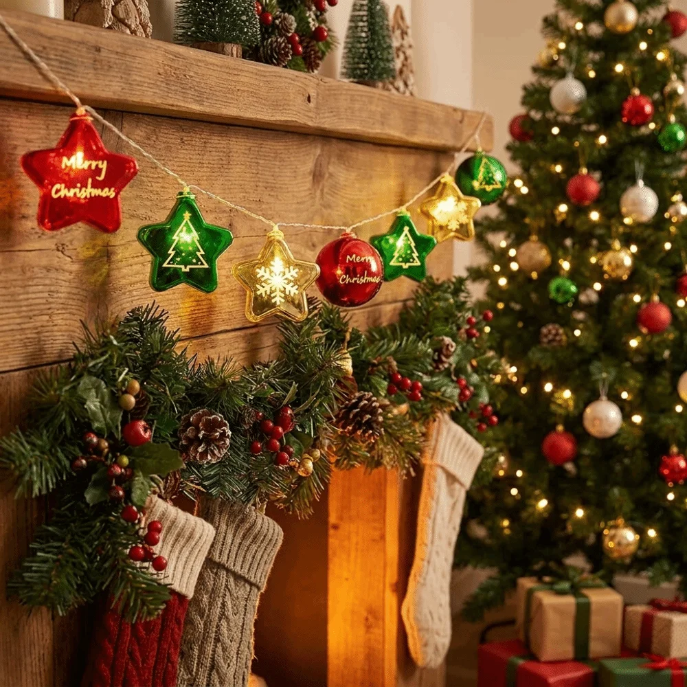 Electroplated Christmas String Lights PVC Material Star Shaped Hanging Lights Warm White Round Ball Fairy Lights Living Room