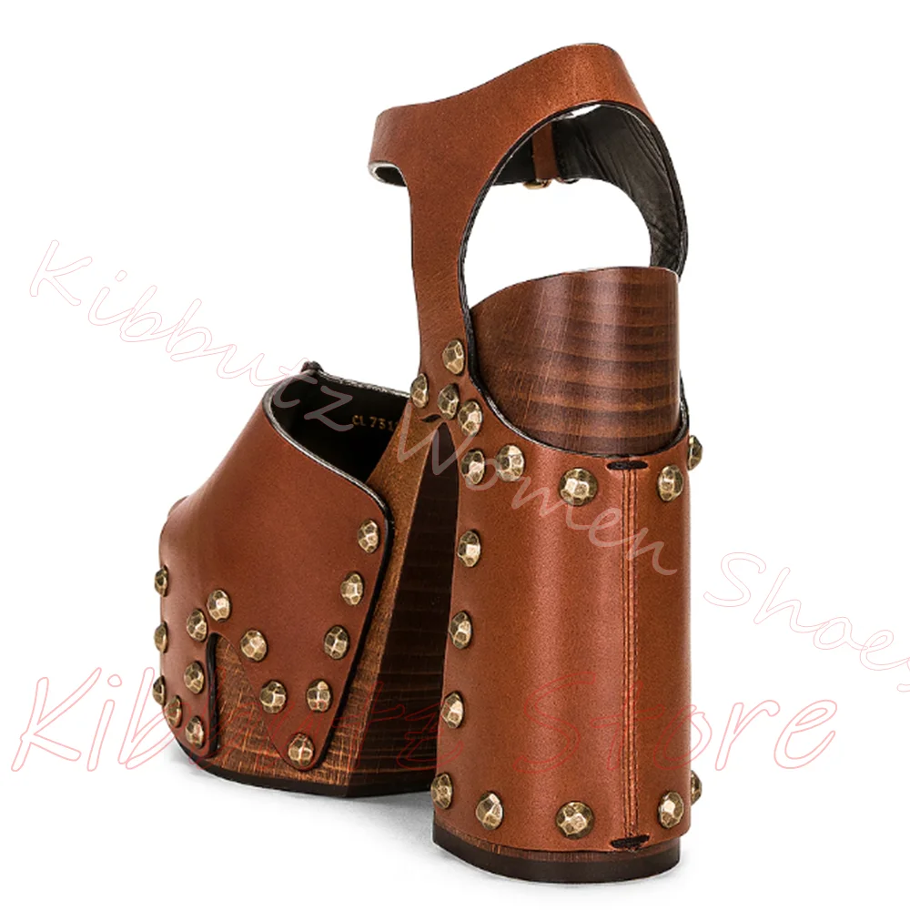 Womens Platform Sandal Vintage Wooden Chunky Heel Metal Rivets Buckle Ankle Strap Peep Toe Summer Casual Leather Shoes Y2K Punk view 2