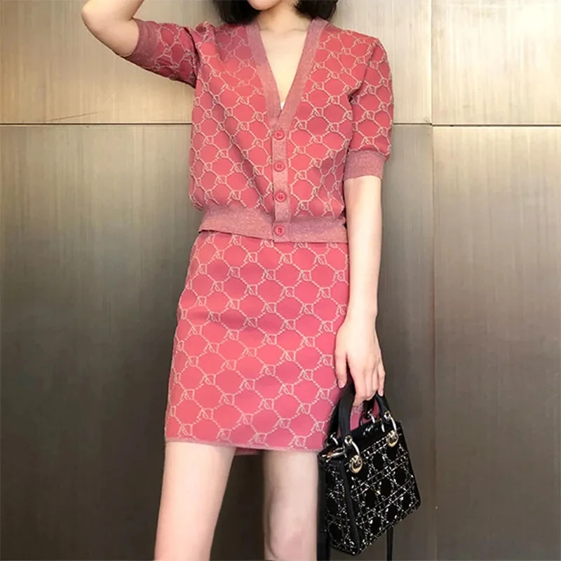 Korean Fashion Knitted Cardigan+Mini Skirt Knit Set Women Sweet Print V-Neck Single Breasted Jacket Pencil Skirt Two Piece Suit