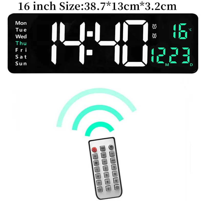 Large Digital Wall Clock Temp Date Week Display Remote Control Power Off Memory Table Clock Wall-mounted Dual Alarms LED Clocks