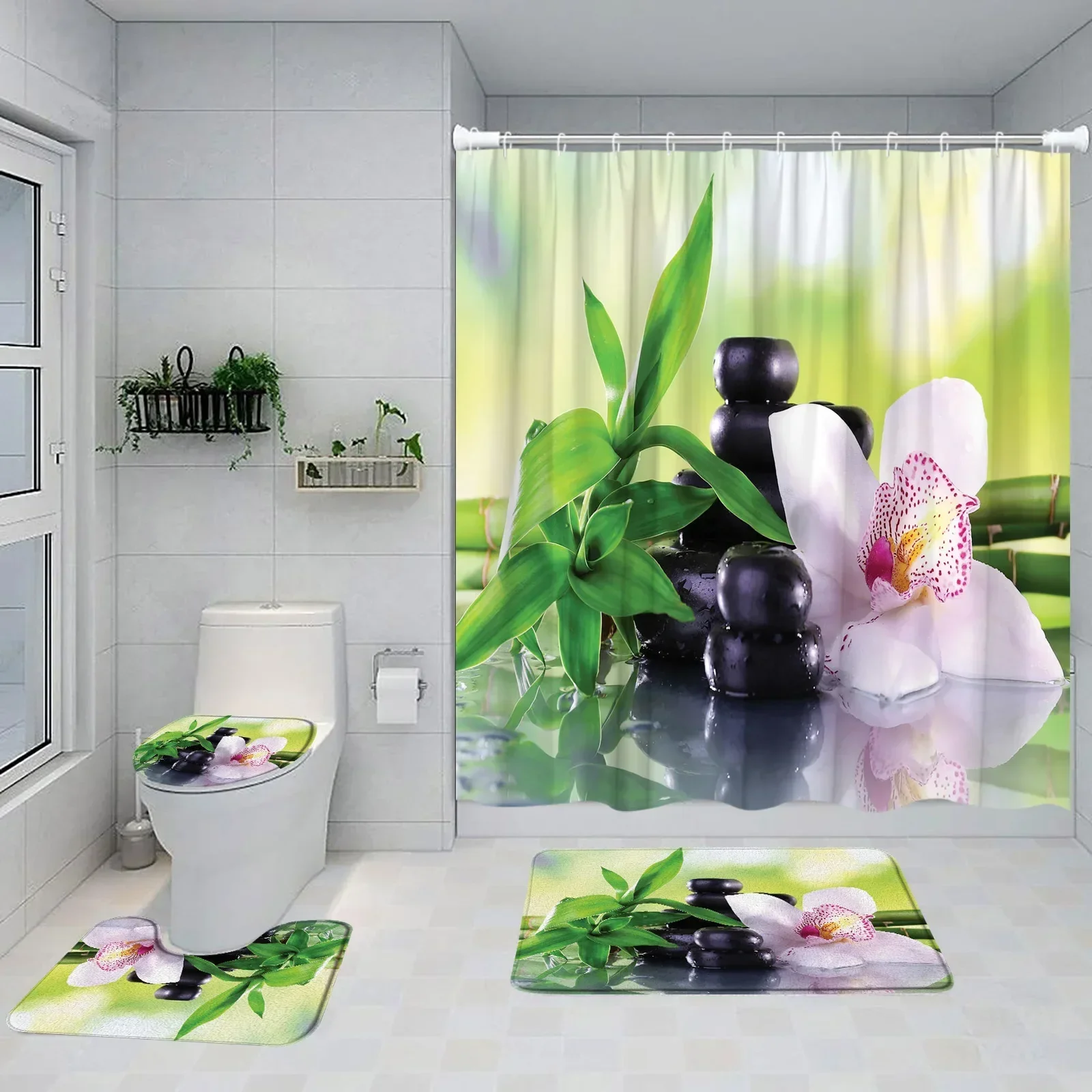 Zen Shower Set tirai ungu anggrek Hitam batu hijau bambu taman pemandangan kamar mandi dekorasi Non-Slip karpet mandi penutup Toilet