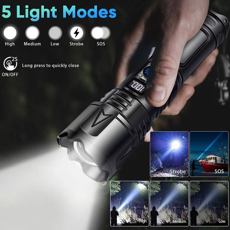 Super Bright 30W LED Flashlight 5 Lighting Modes USB Rechargeable Flashlights Waterproof Torch Work Light Emergency Flashlight