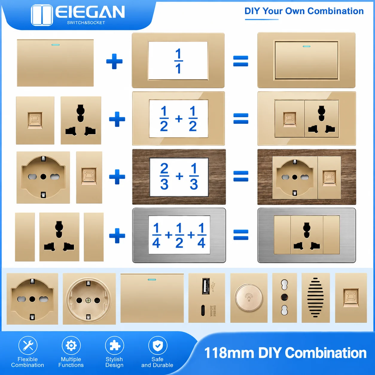 ELEGAN 118mm DIY Modular Wall Socket Switch 1/3 1/2 2/3 1/4 Italian EU Schuko USB-C 20W CAT5 TV SAT Doorbell Curtain Gold