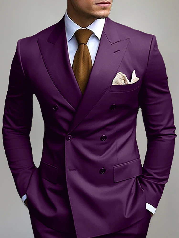 Men's Elegant Stripe Classic Printed Slit Tuxedo Suit Double-breasted Lapel Business Long Sleeve Blazer With Pockets Office Suit