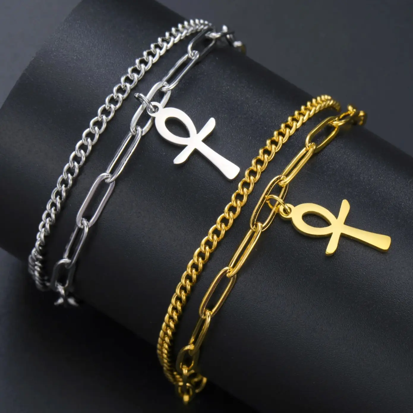 LIKGREAT Vintage Egypt Bracelet Ankh  Charms Stainless Steel  Bracelets Women Jewelry Double Chain Life Symbol Cross Amulet Anni