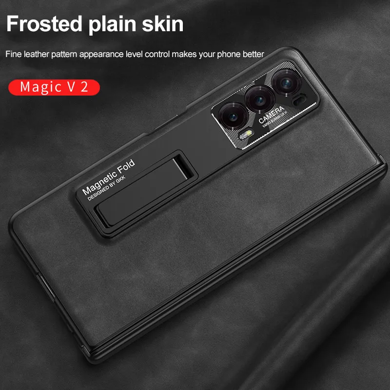 Magnetic Hinge Protection Frosted Leather Phone Case For Honor Magic V2 With Kickstand Glass Film Screen Protector