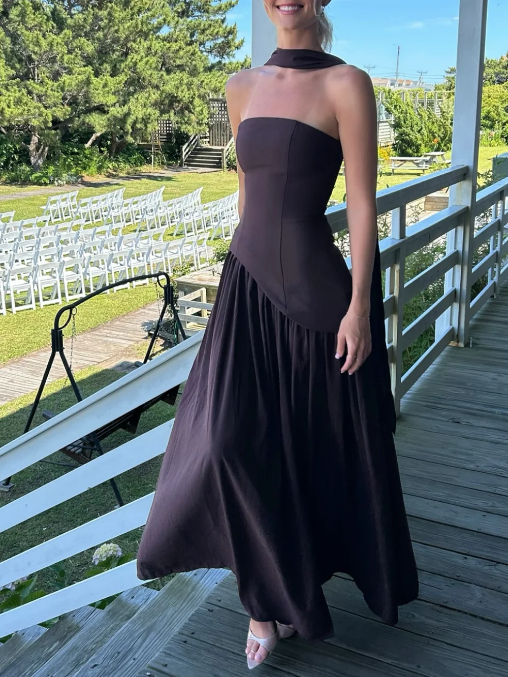 

Women's Beach Vacation Dress Fashion Mesh Splicing Elegant Slit Dress European and American Temperament Sleeveless Tube Top