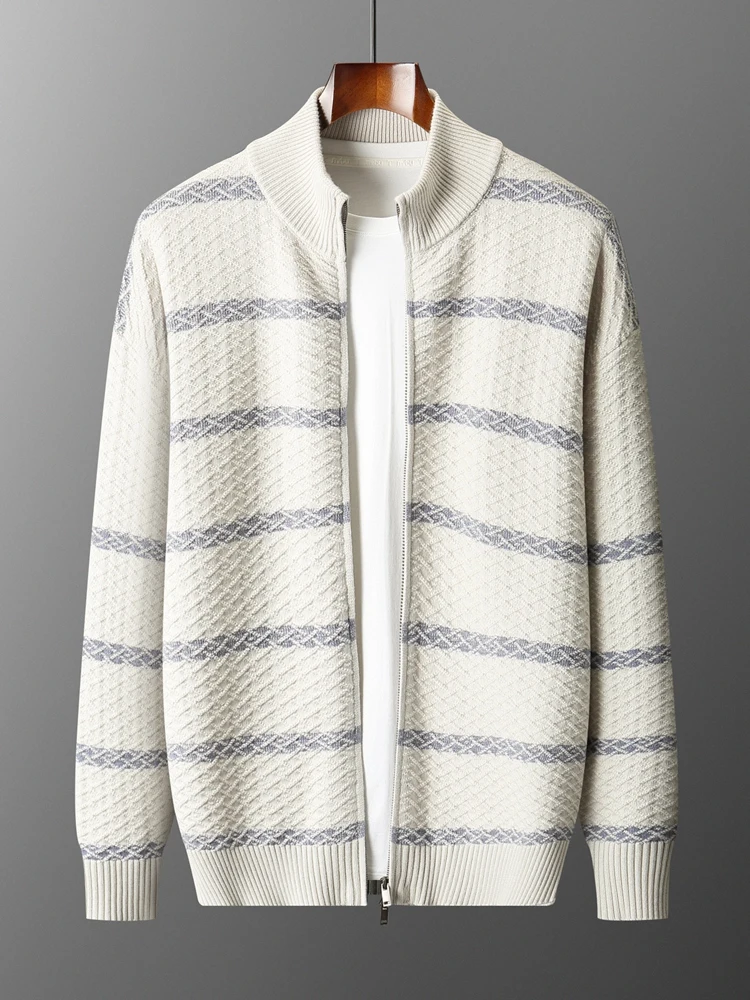 

TLOML осень-зима мужской трикотаж из 100% мериносовой шерсти с воротником-молнией кардиган в полоску вязаный утепленный мягкий свитер пальто