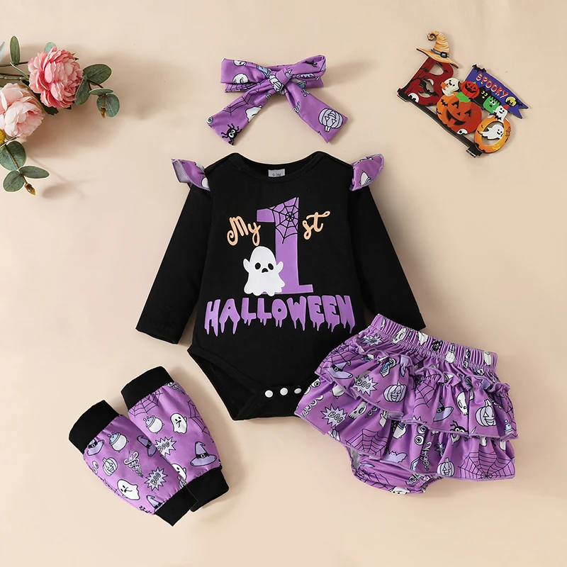 Trajes de Halloween para niña, Pelele de manga larga con cuello redondo y estampado de fantasma, pantalones cortos, Diadema con lazo, calentador de piernas