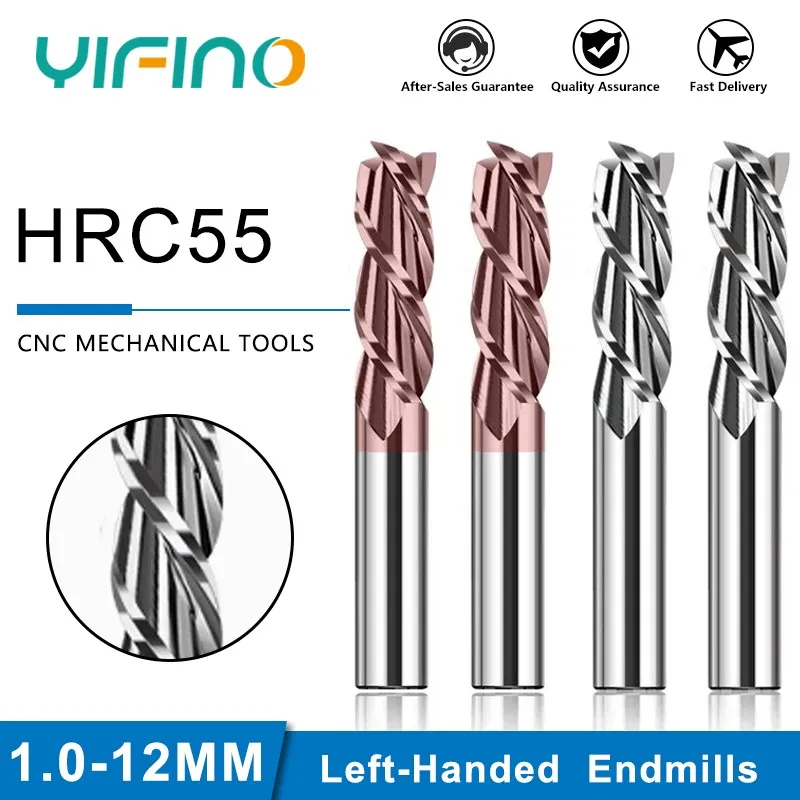 YIFINO HRC55 3/4-Flute Left-Handed Milling Cutter Tungsten Steel Carbide Spindle Reverse Flat End Mill For Aluminium CNC Endmill