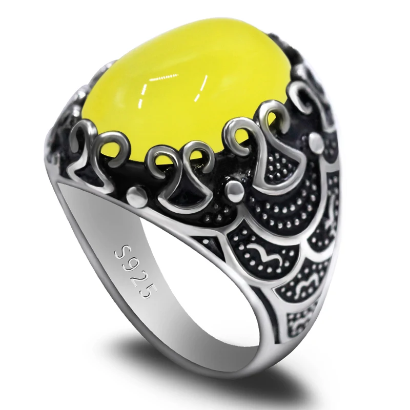 S925 فضة اليدوية خاتم العقيق الأصفر الطبيعي حجر Türkiye الفاخرة الرجال حفلة عطلة الأزياء والمجوهرات هدية