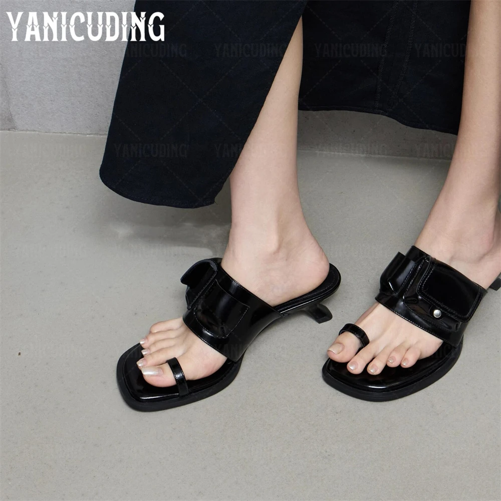 

Strange Heel Novelty Mules Square Toe Pocket Detail Slippers Designer Style Summer Slippers Women Sweet Style Leather Flip Flops