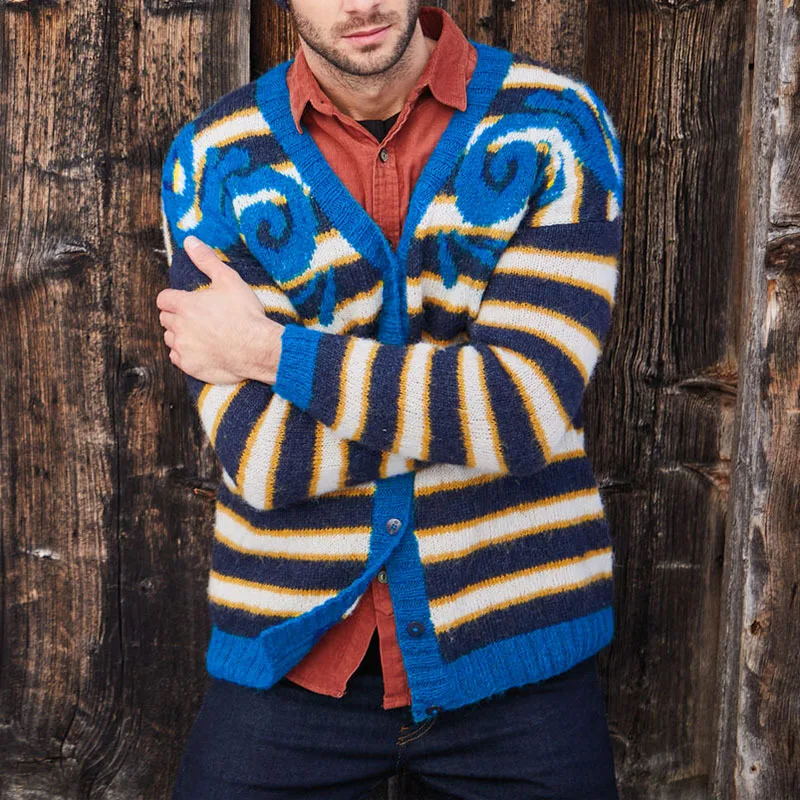

Autumn And Winter New Men's Clothing, Men's Knitted Sweater V-neck Jacquard Striped Cardigan Sweater