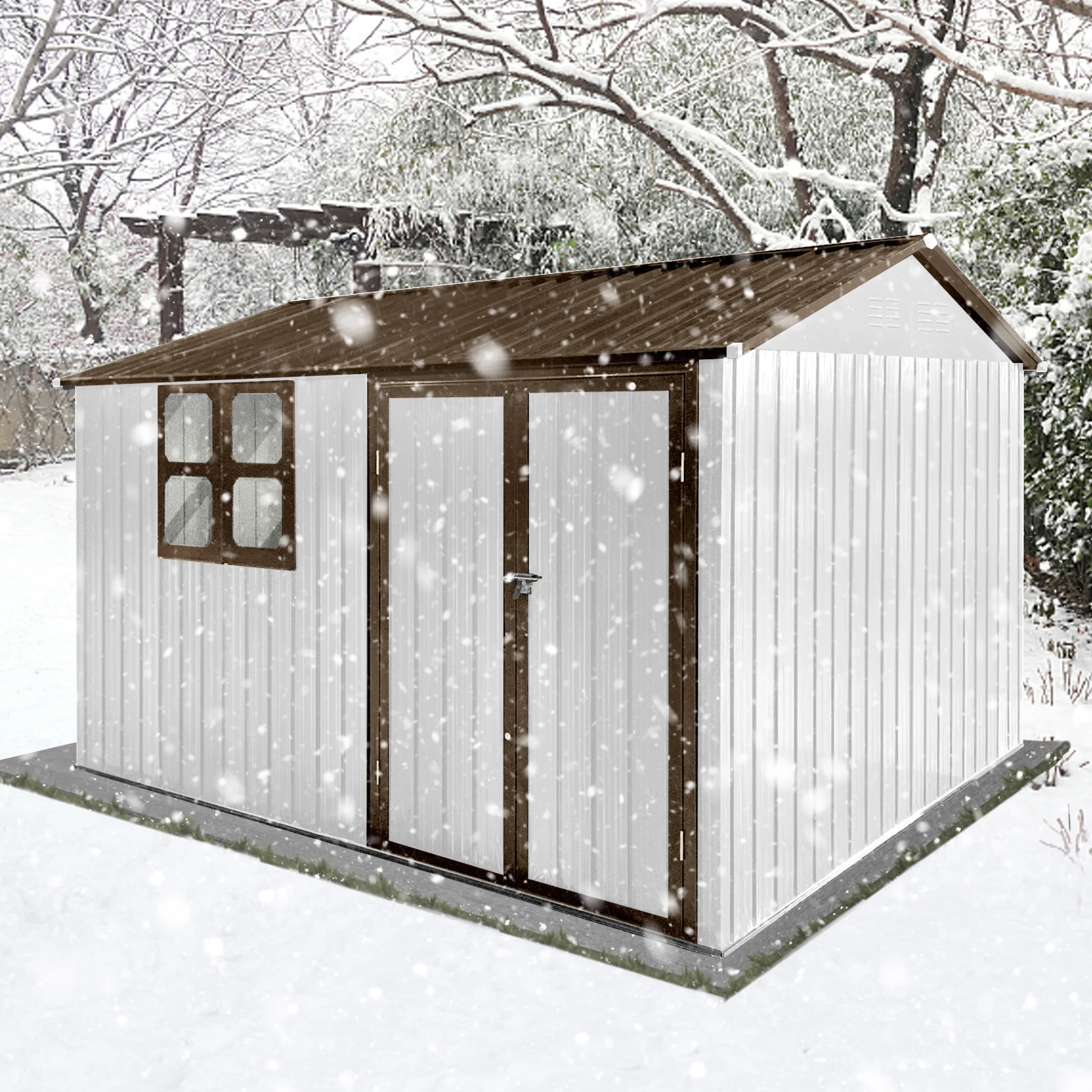 

Metal garden sheds 10ftx8ft outdoor storage sheds white+coffee with window