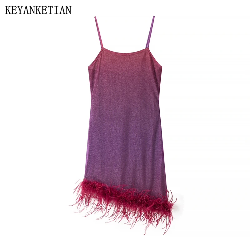 

KEYANKETIAN Summer New Women's Feather Decorated Bright Halter Dress Retro style Hot sweet Spaghetti Strap Sheath Mini Dress