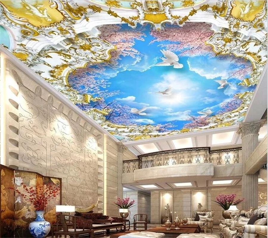 

beibehang Custom wallpaper 3d mural blue sky white clouds cherry tree 3D zenith mural living room bedroom ceiling 3d wallpaper