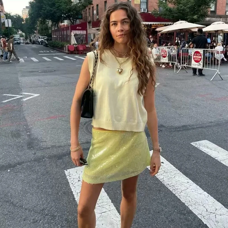 MUJER 2025 Sequin Mini Skirt Women Glitter Luxury Short Skirts for Woman Semi Sheer Party Women's Skirt Cylinder Mid Waist Skirt