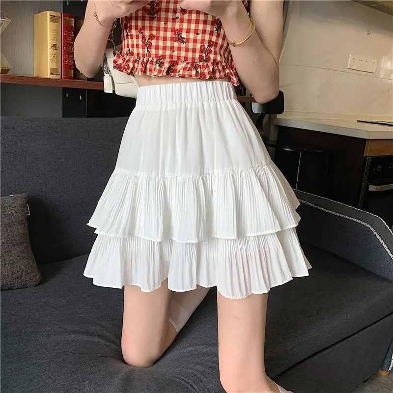 

Fashion Elastic Solid Color Spliced Ruffles Chiffon Skirts Female Clothing 2024 Summer New Loose Sweet High Waist Casual Skirts