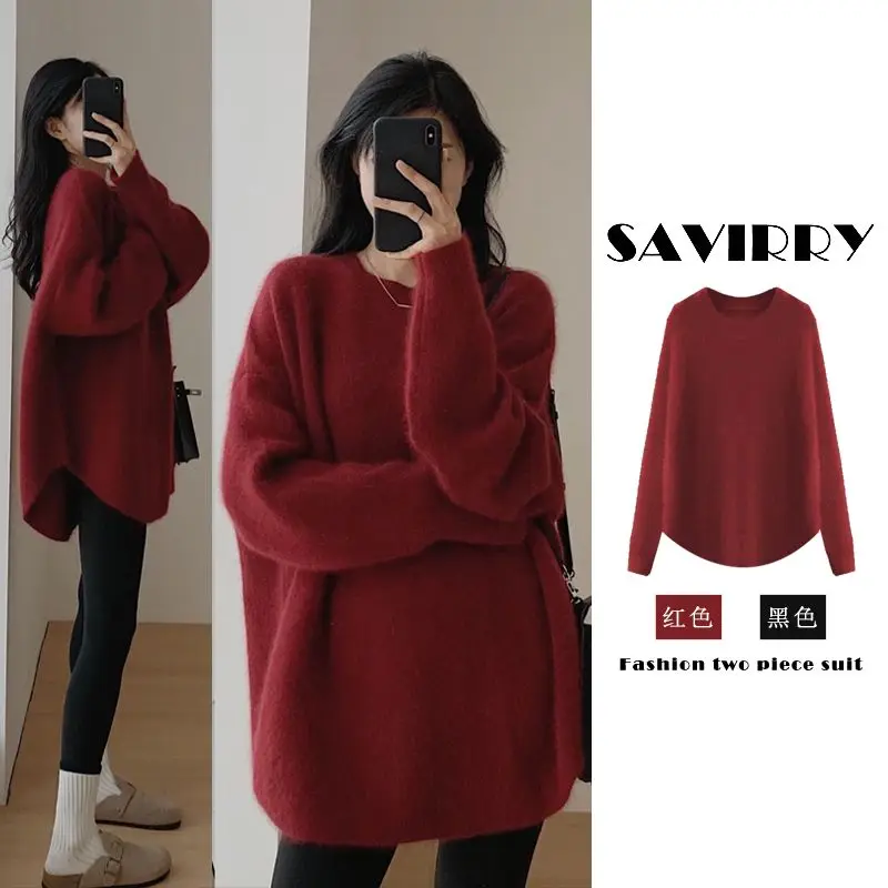 Women's Korean Fashion Simple Chic Oversized Knitted Sweater Solid O Neck Long Sleeve Pullover Tops Streetwear Irregular Jumpers