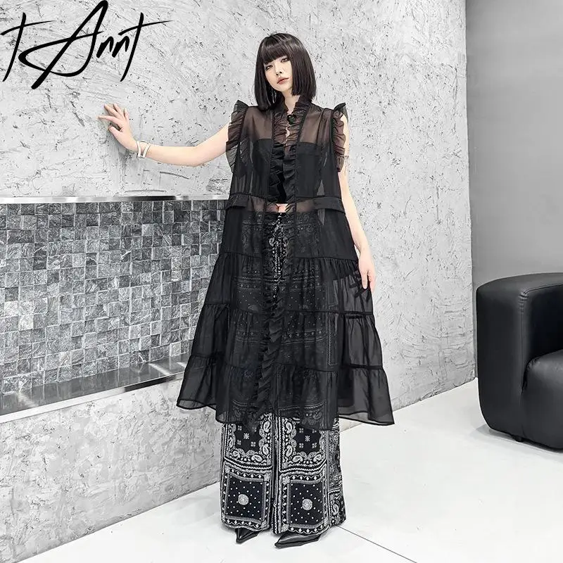 

Tannt Women Dress Fashion Ruffles Patchwork Irregular Mesh Dresses Asymmetry Black Long Summer Perspective Dresses For Women