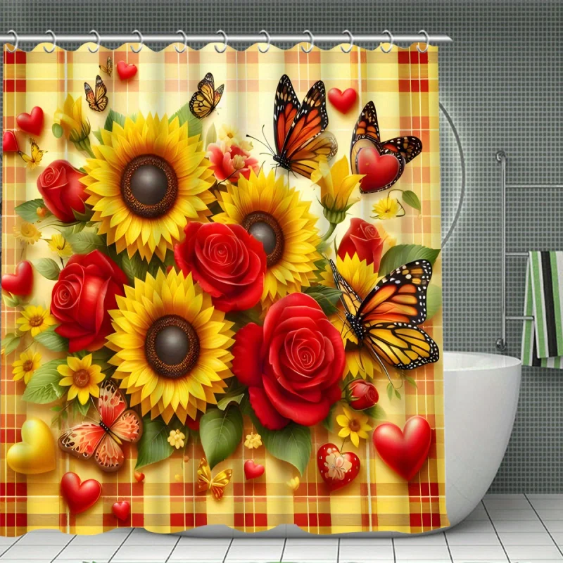 1pc/4pcs Flower Sunflower, Multi-color Background Pattern Shower Drapery, Modern Bathroom Decoration, Fabric Shower Drapery Set