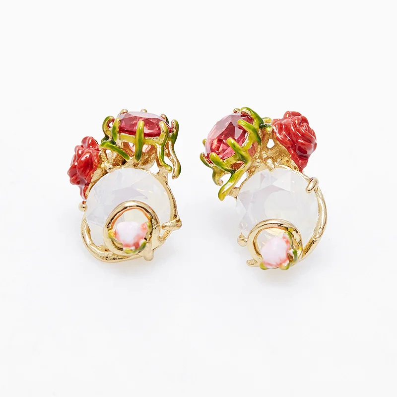 

Sweet Fairy Fashionable Enamel Colored Glaze Red Rose Flower White Opal Glass Stone Earrings Ear Hanging Accessories for Women