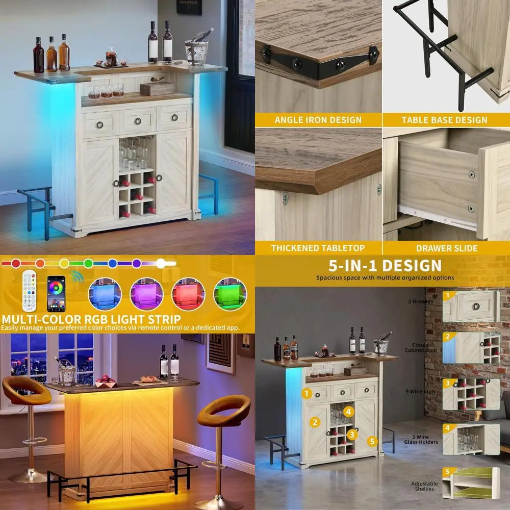 

Светодиодный барный шкаф для дома с 12 держателями для бокалов и регулируемой винной полкой, современный мини-бар для гостиной и столовой, белый